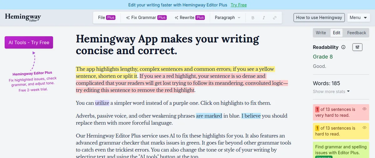 Hemingway Editor interface screenshot captured by the DoWithAI editorial team