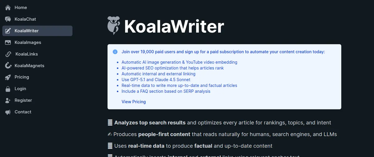 Koala Writer interface screenshot captured by the DoWithAI editorial team